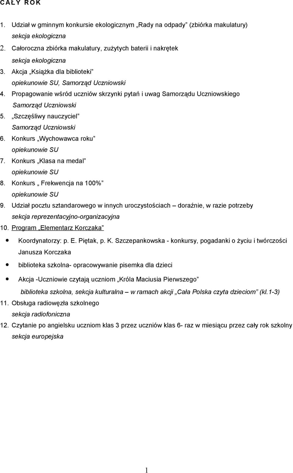 Konkurs Wychowawca roku 7. Konkurs Klasa na medal 8. Konkurs Frekwencja na 100% 9.