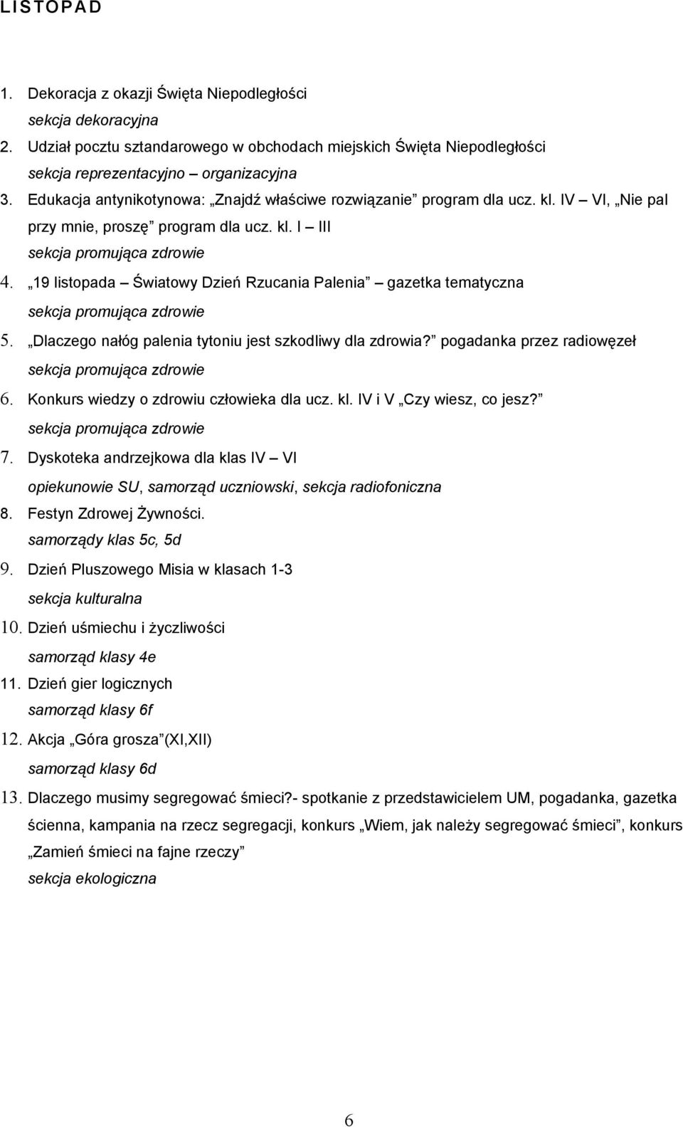 19 listopada Światowy Dzień Rzucania Palenia gazetka tematyczna 5. Dlaczego nałóg palenia tytoniu jest szkodliwy dla zdrowia? pogadanka przez radiowęzeł 6. Konkurs wiedzy o zdrowiu człowieka dla ucz.