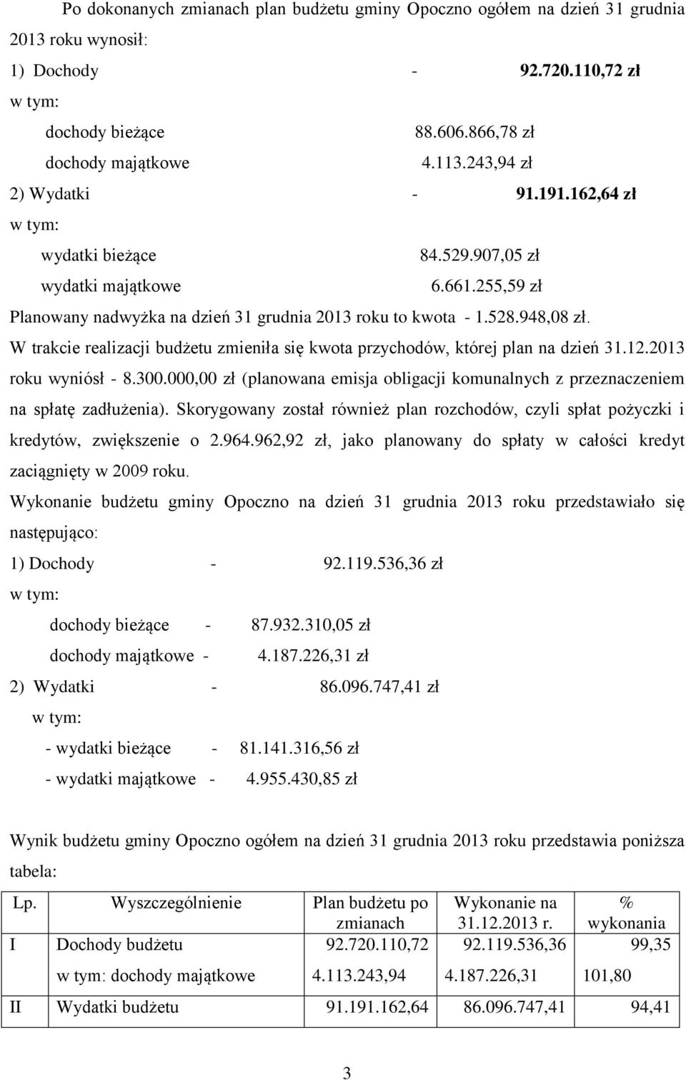 W trakcie realizacji budżetu zmieniła się kwota przychodów, której plan na dzień 31.12.2013 roku wyniósł - 8.300.