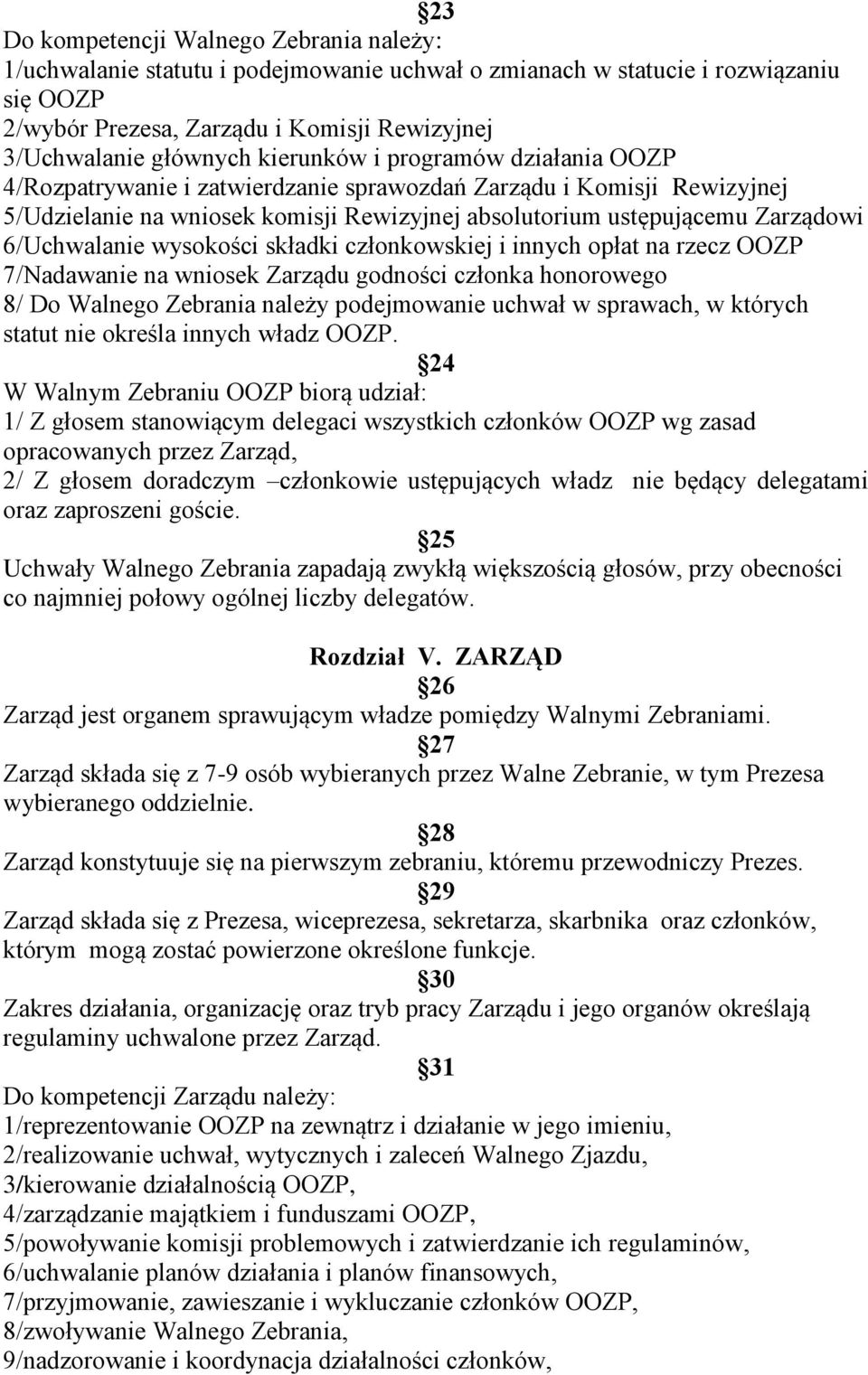 6/Uchwalanie wysokości składki członkowskiej i innych opłat na rzecz OOZP 7/Nadawanie na wniosek Zarządu godności członka honorowego 8/ Do Walnego Zebrania należy podejmowanie uchwał w sprawach, w