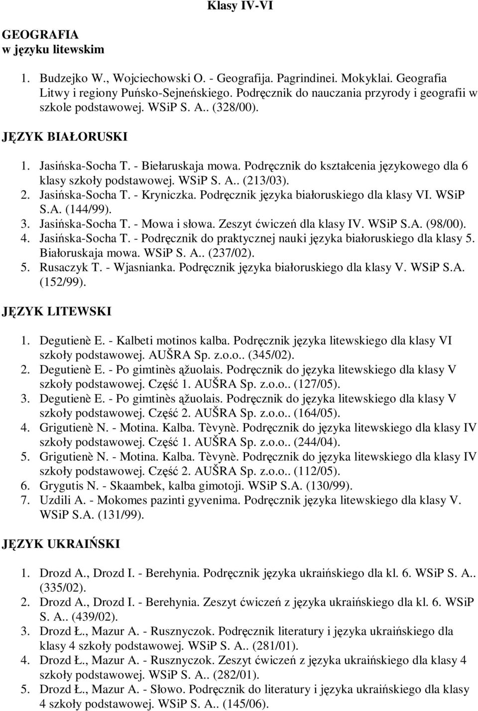 WSiP S. A.. (213/03). 2. Jasińska-Socha T. - Kryniczka. Podręcznik języka białoruskiego dla klasy VI. WSiP S.A. (144/99). 3. Jasińska-Socha T. - Mowa i słowa. Zeszyt ćwiczeń dla klasy IV. WSiP S.A. (98/00).