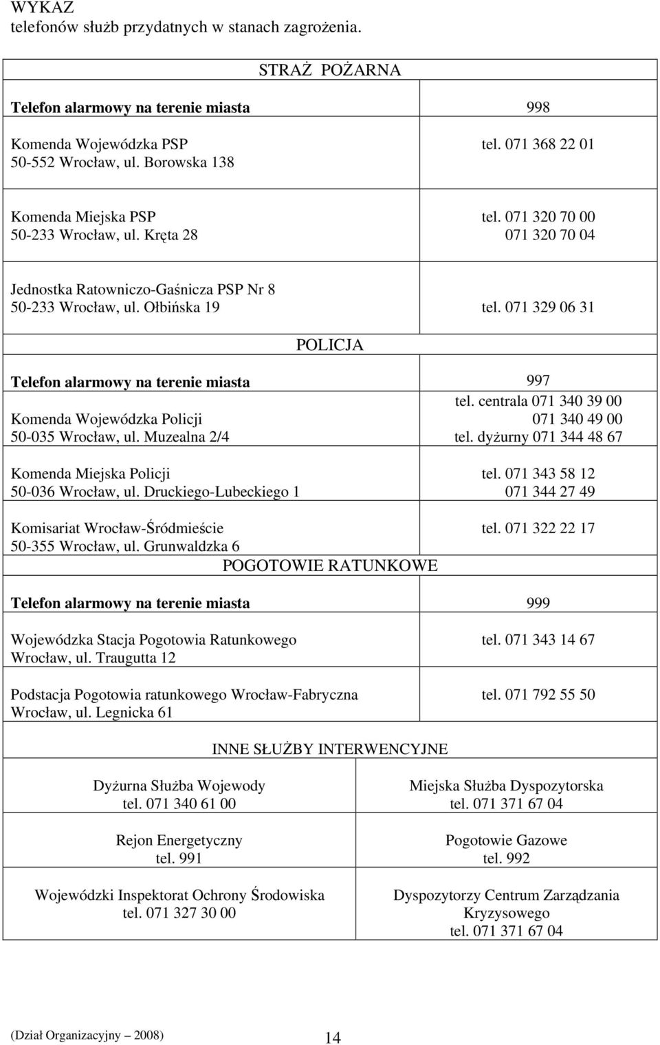 071 329 06 31 POLICJA Telefon alarmowy na terenie miasta 997 Komenda Wojewódzka Policji 50-035 Wrocław, ul. Muzealna 2/4 tel. centrala 071 340 39 00 071 340 49 00 tel.