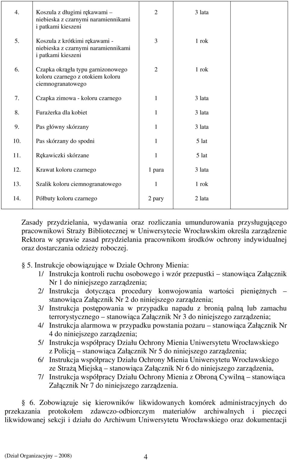 Pas główny skórzany 1 3 lata 10. Pas skórzany do spodni 1 5 lat 11. Rękawiczki skórzane 1 5 lat 12. Krawat koloru czarnego 1 para 3 lata 13. Szalik koloru ciemnogranatowego 1 1 rok 14.