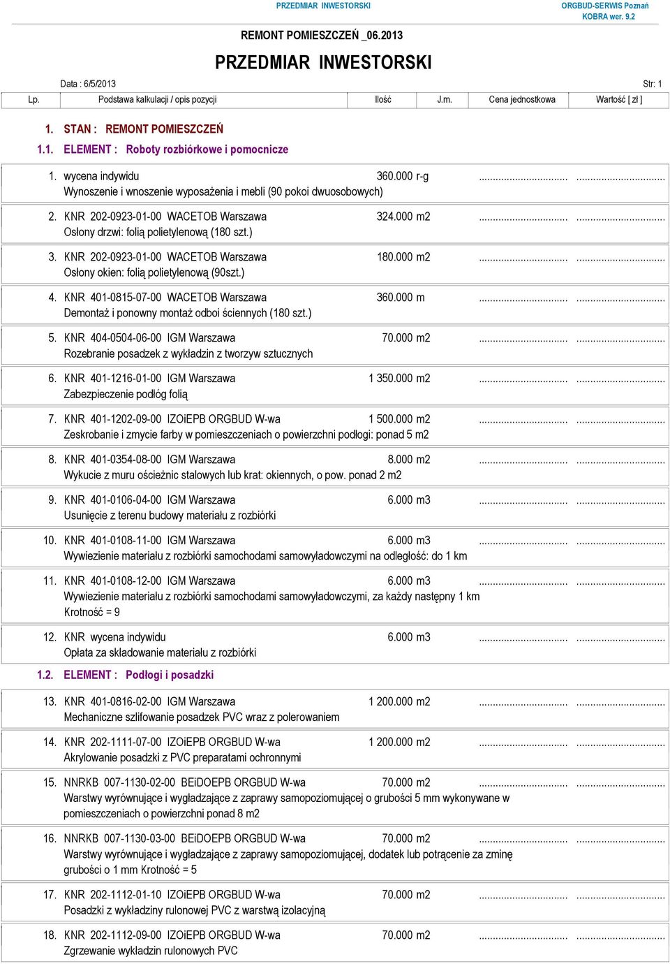 KNR 401-0815-07-00 WACETOB Warszawa 360.000 m...... DemontaŜ i ponowny montaŝ odboi ściennych (180 szt.) 5. KNR 404-0504-06-00 IGM Warszawa 70.000 m2.