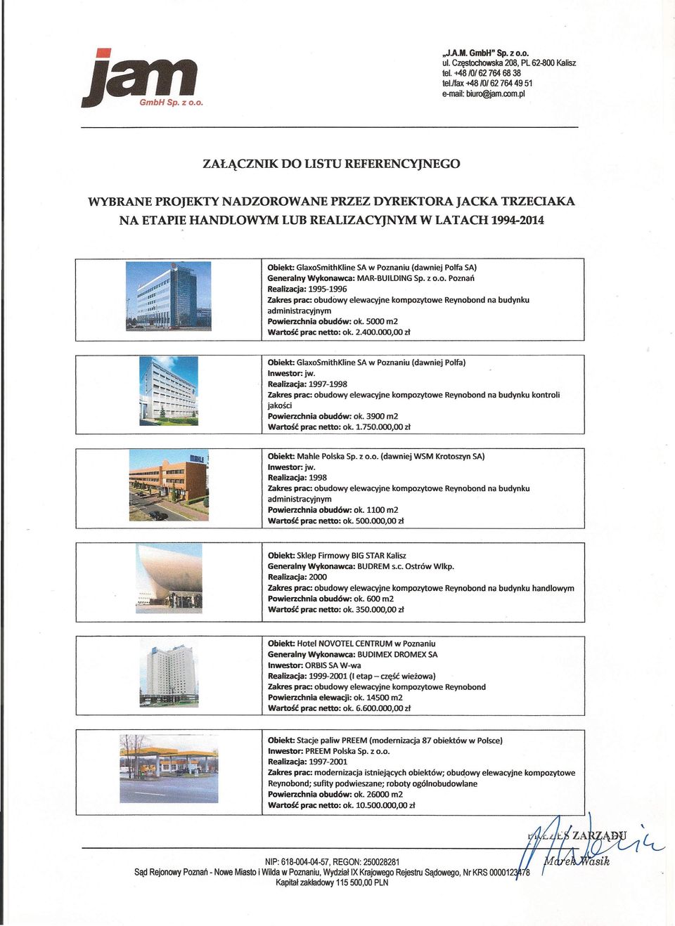 LATACH 1994-2014 Obiekt: GlaxoSmithKline SA w Poznaniu (dawniej Polfa SA) Generalny Wykonawca: MAR-BUILDINGSp. z 0.0. Poznań Realizacja: 1995-1996 na budynku administracyjnym Powierzchnia obudów: ok.