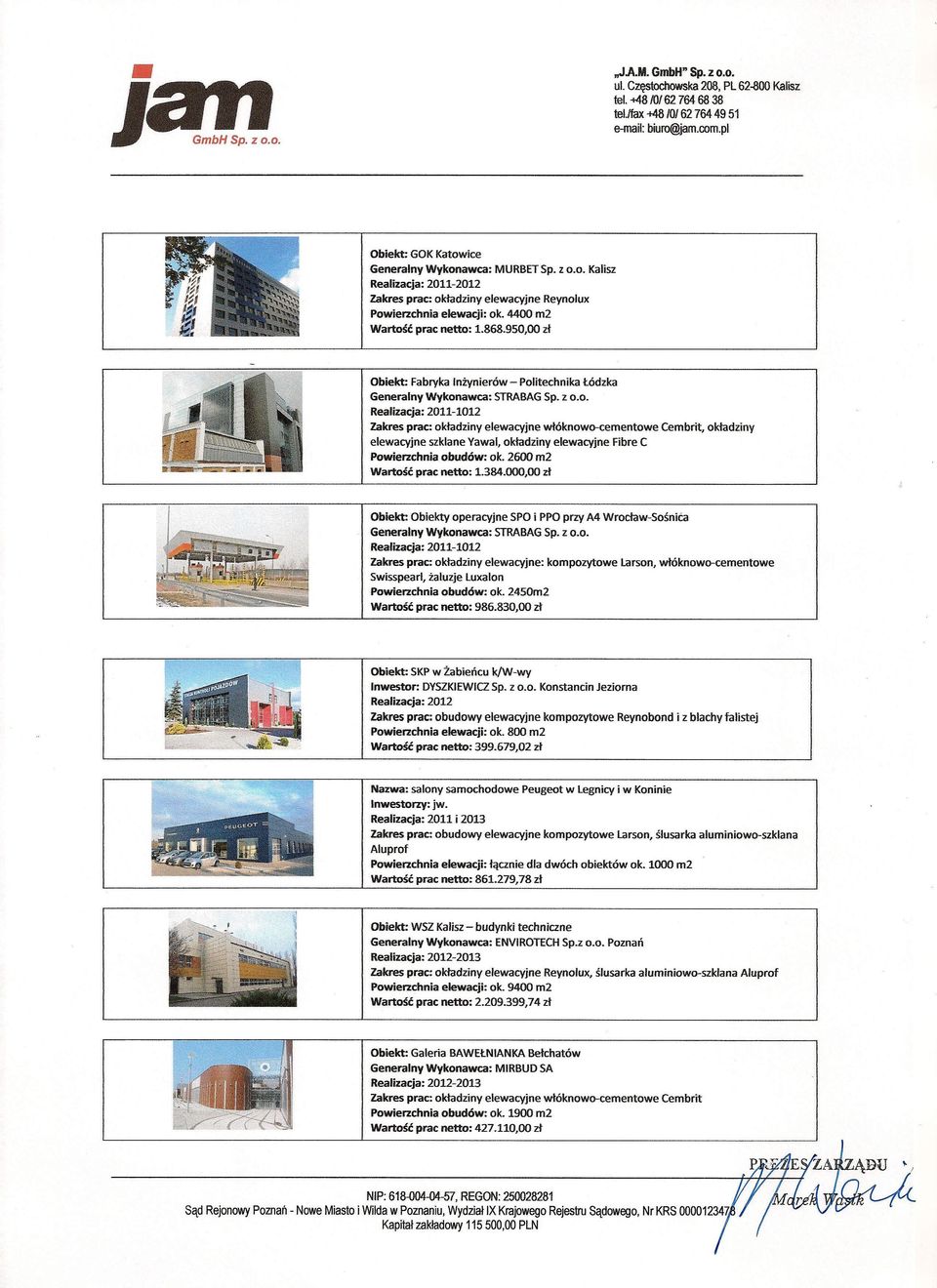 2600 m2 Wartość prac netto: 1.384.000,00 zł Cembrit, okładziny Obiekt: Obiekty operacyjne SPOi PPOprzy A4 Wrocław-Sośnića Generalny Wykonawca: STRABAGSp. z 0.0. Realizacja: 2011-1012 Zakres prac: okładziny elewacyjne: kompozytowe tarson, włóknowo-cementowe SWisspearl,żaluzje luxalon Powierzchnia obudów: ok.