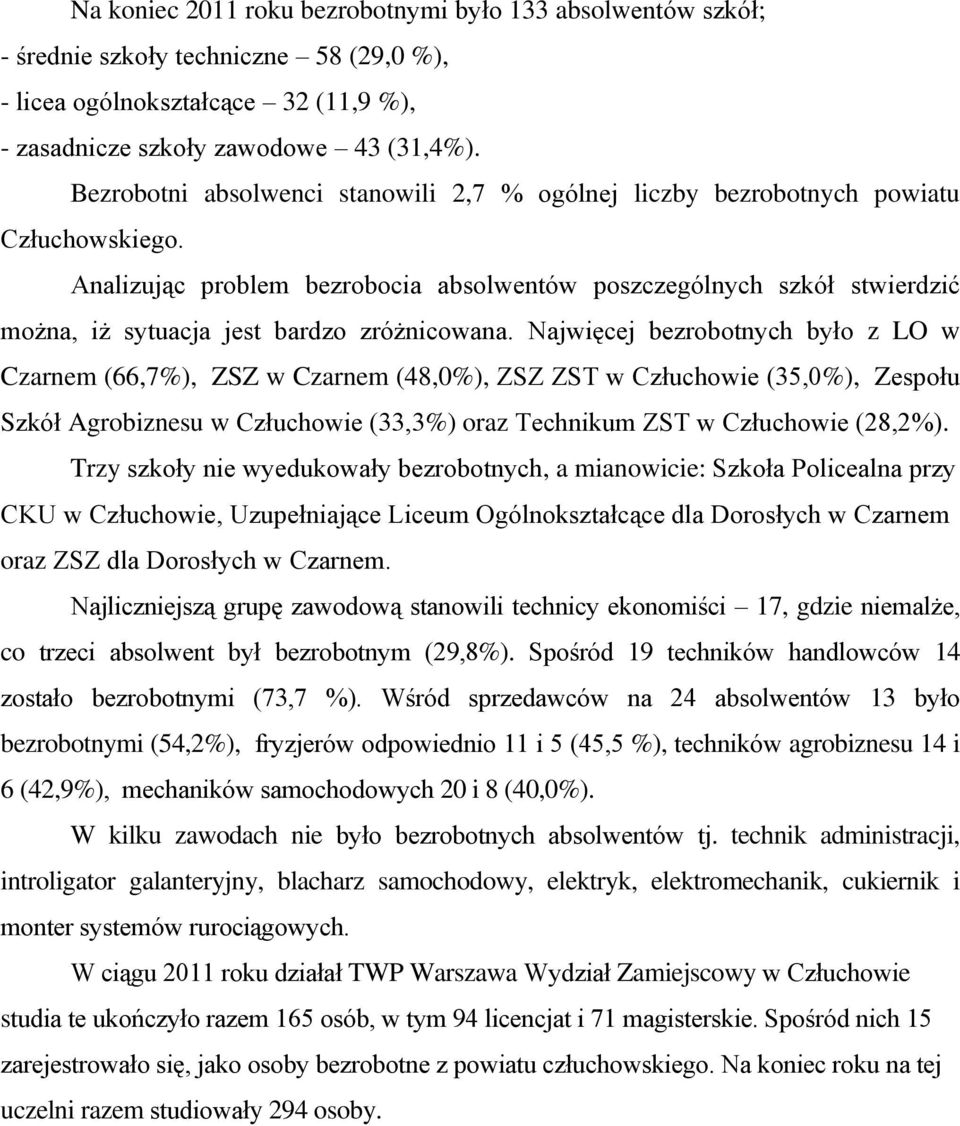 Analizując problem bezrobocia absolwentów poszczególnych szkół stwierdzić można, iż sytuacja jest bardzo zróżnicowana.