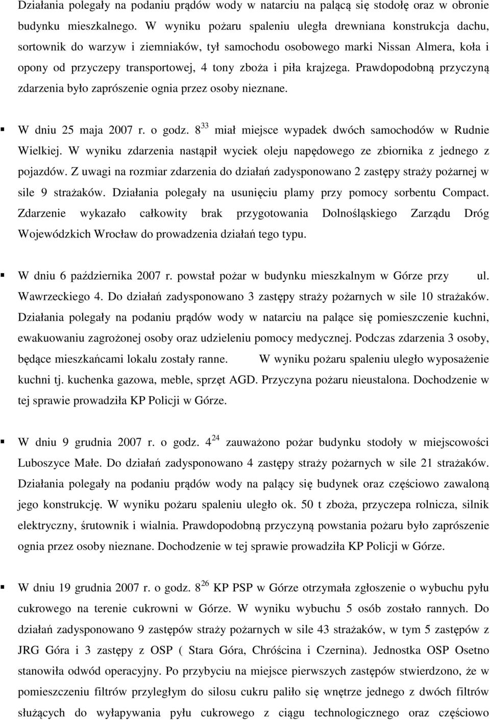 piła krajzega. Prawdopodobną przyczyną zdarzenia było zaprószenie ognia przez osoby nieznane. W dniu 5 maja 7 r. o godz. 8 miał miejsce wypadek dwóch samochodów w Rudnie Wielkiej.