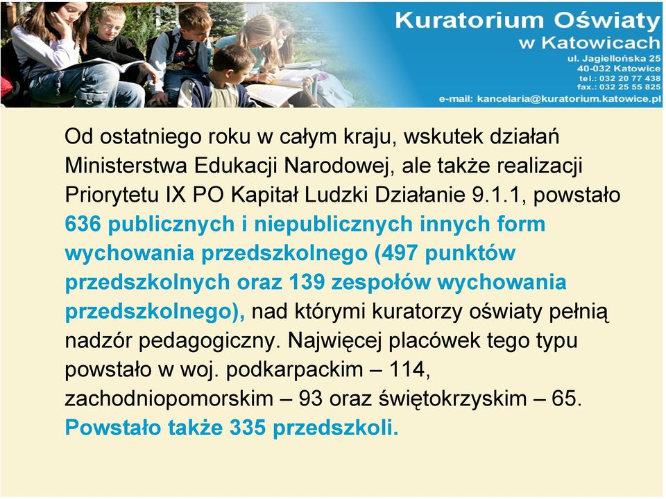 1, powstało 636 publicznych i niepublicznych innych form wychowania przedszkolnego (497 punktów przedszkolnych oraz 139