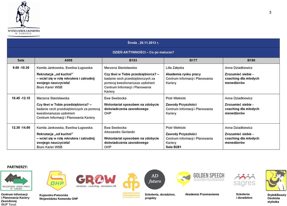 Biuro Karier WSB Czy tkwi w Tobie przedsiębiorca? badanie cech przedsiębiorczych za pomocą kwestionariusza uzdolnień i Planowania Akademia rynku pracy i Planowania 10.45-12.