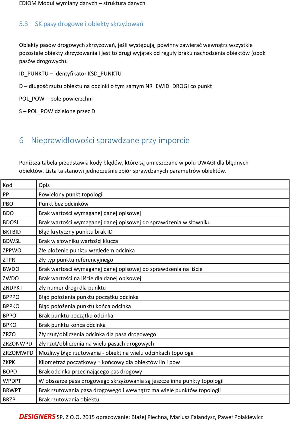 ID_PUNKTU identyfikator KSD_PUNKTU D długość rzutu obiektu na odcinki o tym samym NR_EWID_DROGI co punkt POL_POW pole powierzchni S POL_POW dzielone przez D 6 Nieprawidłowości sprawdzane przy