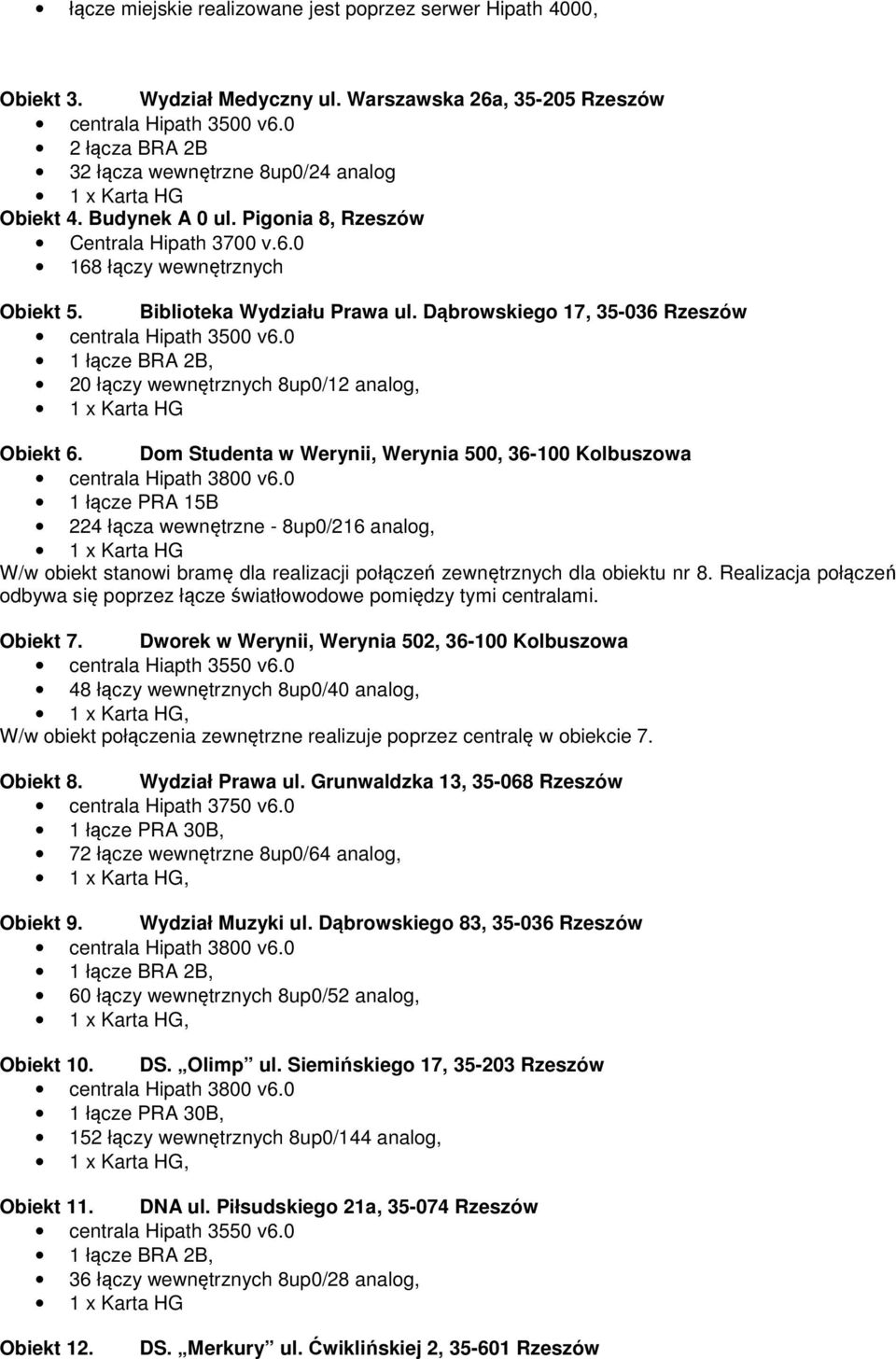 Dąbrowskiego 17, 35-036 Rzeszów centrala Hipath 3500 v6.0 20 łączy wewnętrznych 8up0/12 analog, Obiekt 6.