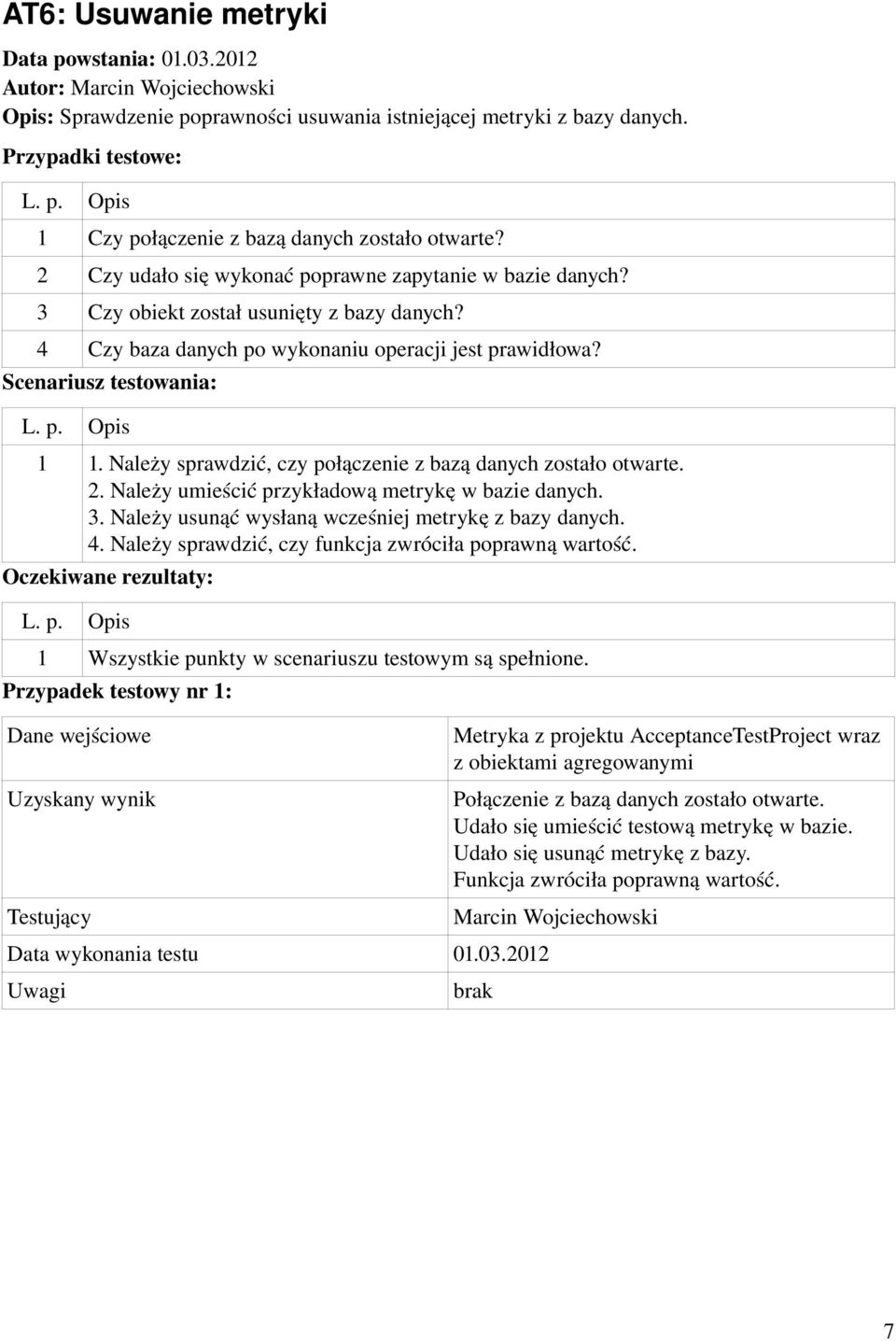 Należy usunąć wysłaną wcześniej metrykę z bazy danych. 4. Należy sprawdzić, czy funkcja zwróciła poprawną wartość.