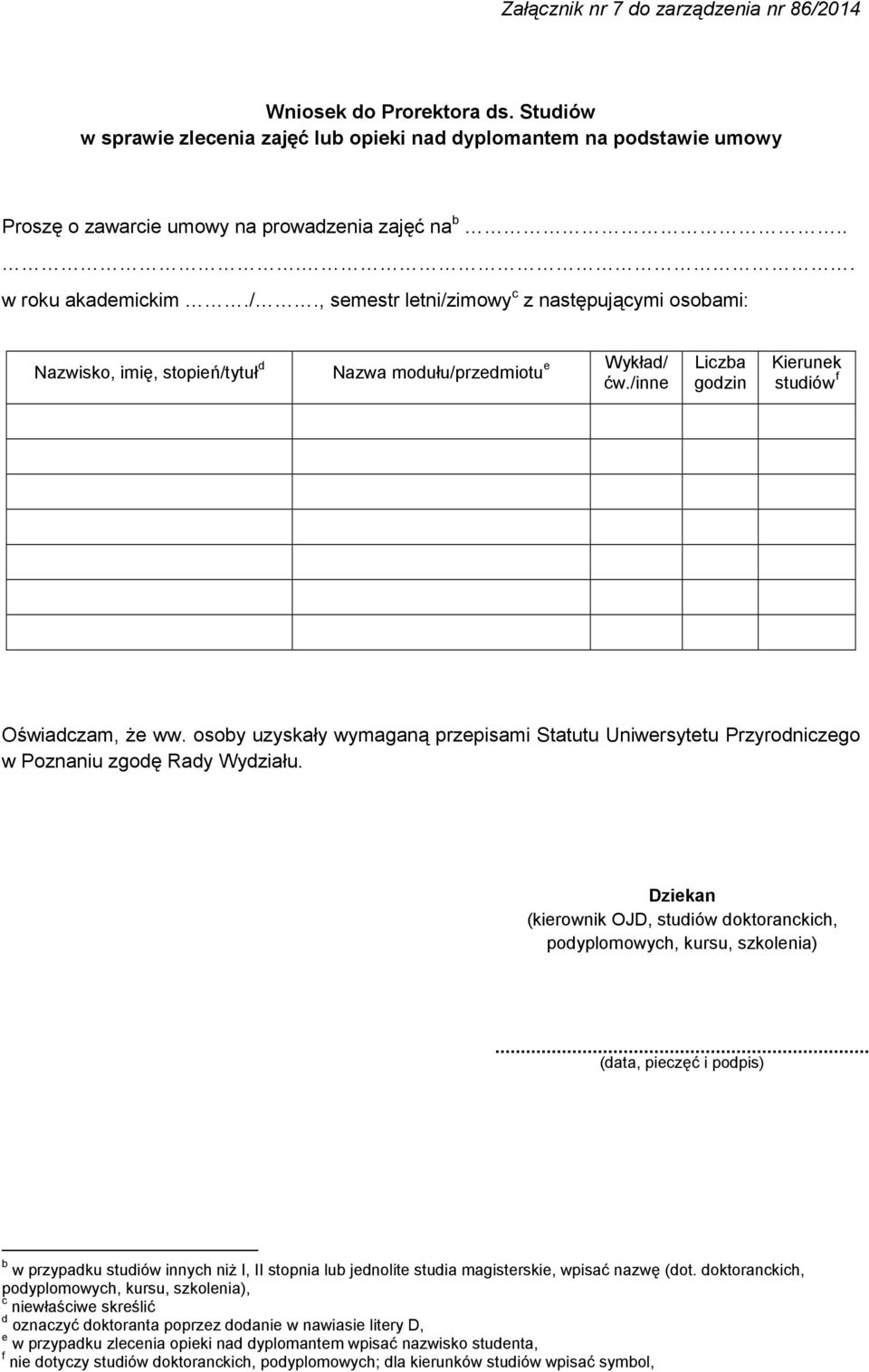 /inne Liczba godzin Kierunek studiów f Oświadczam, Ŝe ww. osoby uzyskały wymaganą przepisami Statutu Uniwersytetu Przyrodniczego w Poznaniu zgodę Rady Wydziału.