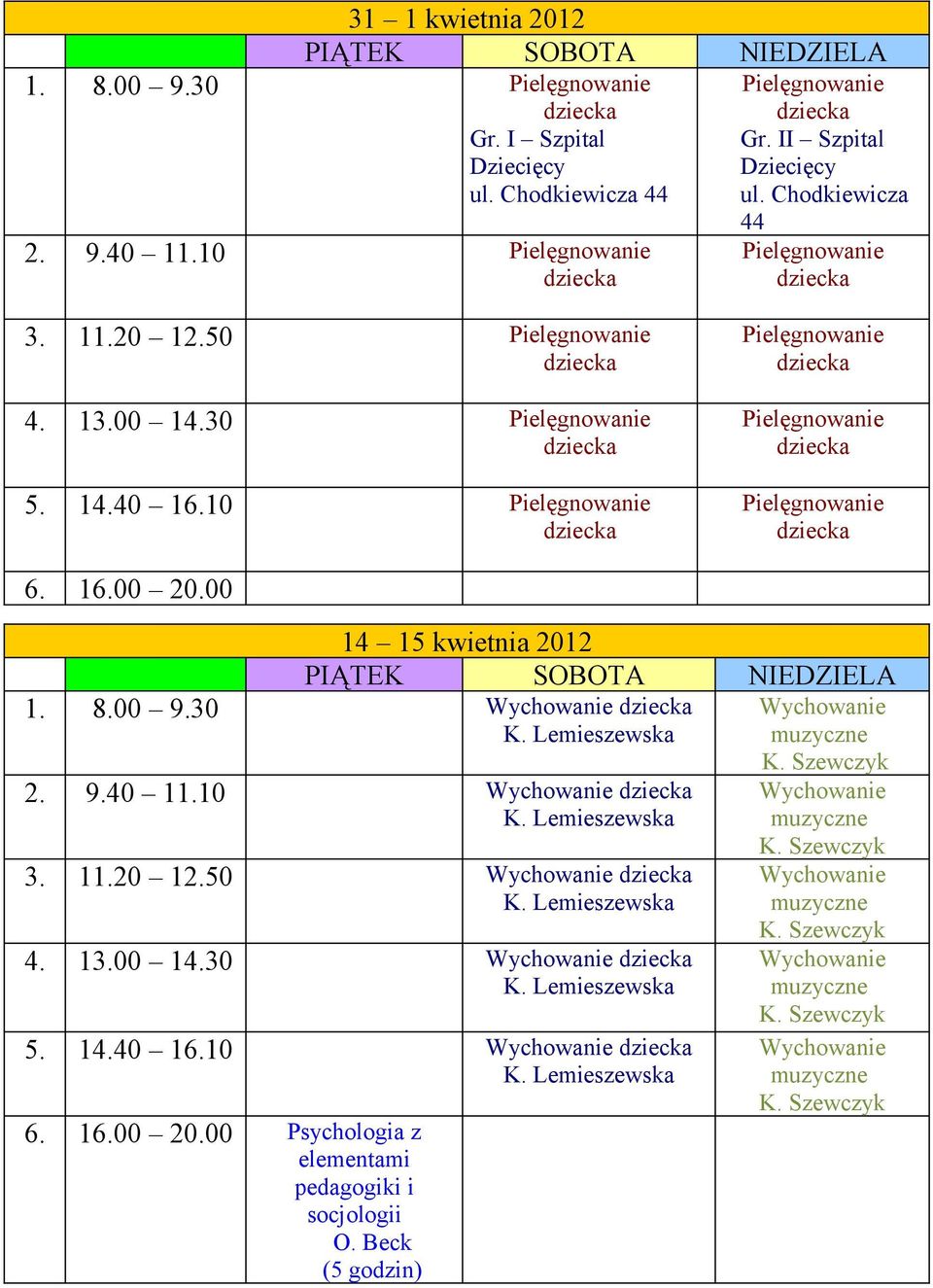 00 14.30 5. 14.40 16.10 14 15 kwietnia 2012 1. 8.00 9.30 2. 9.40 11.10 3. 11.20 12.