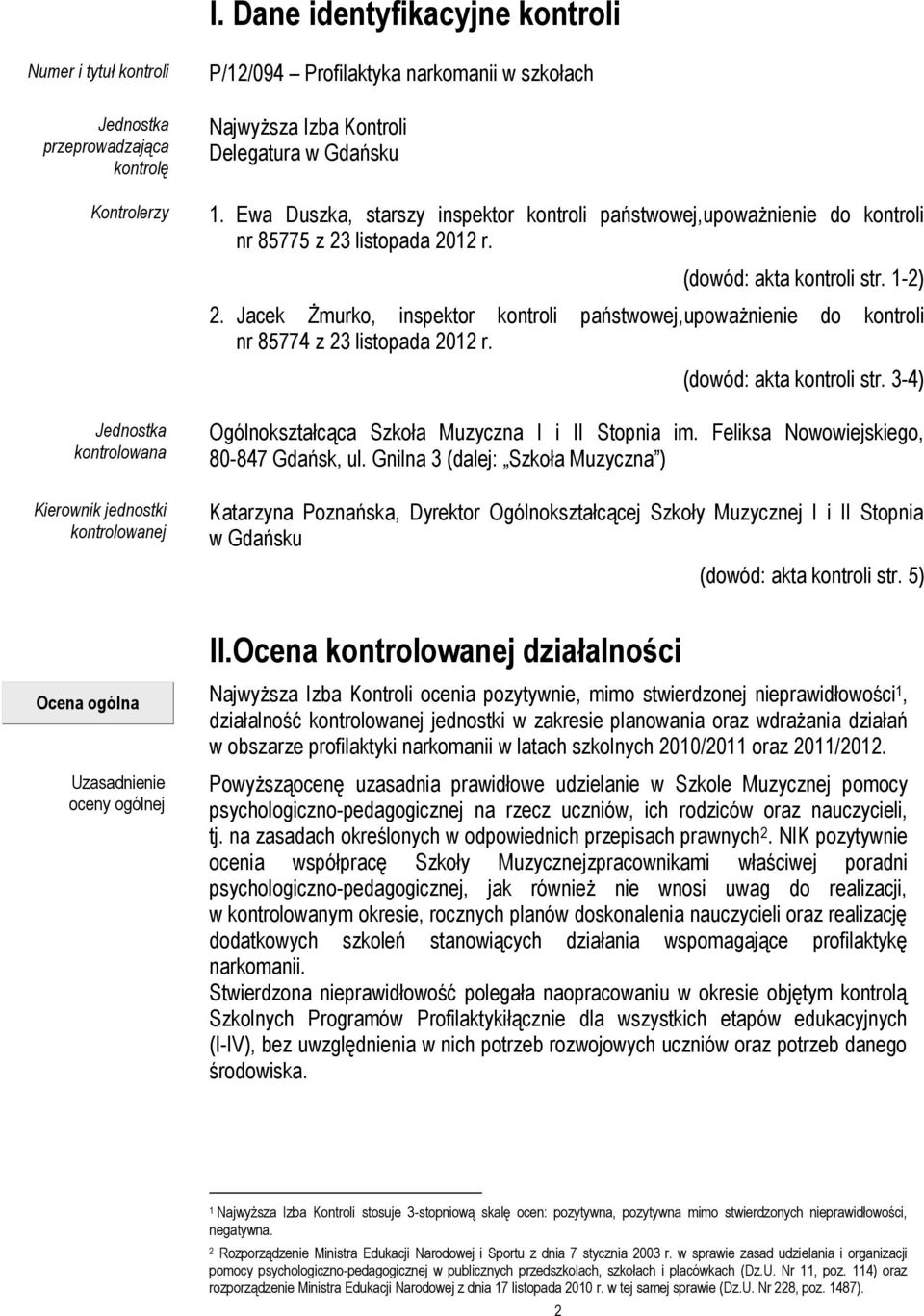 Jacek Żmurko, inspektor kontroli państwowej,upoważnienie do kontroli nr 85774 z 23 listopada 2012 r. (dowód: akta kontroli str. 3-4) Ogólnokształcąca Szkoła Muzyczna I i II Stopnia im.