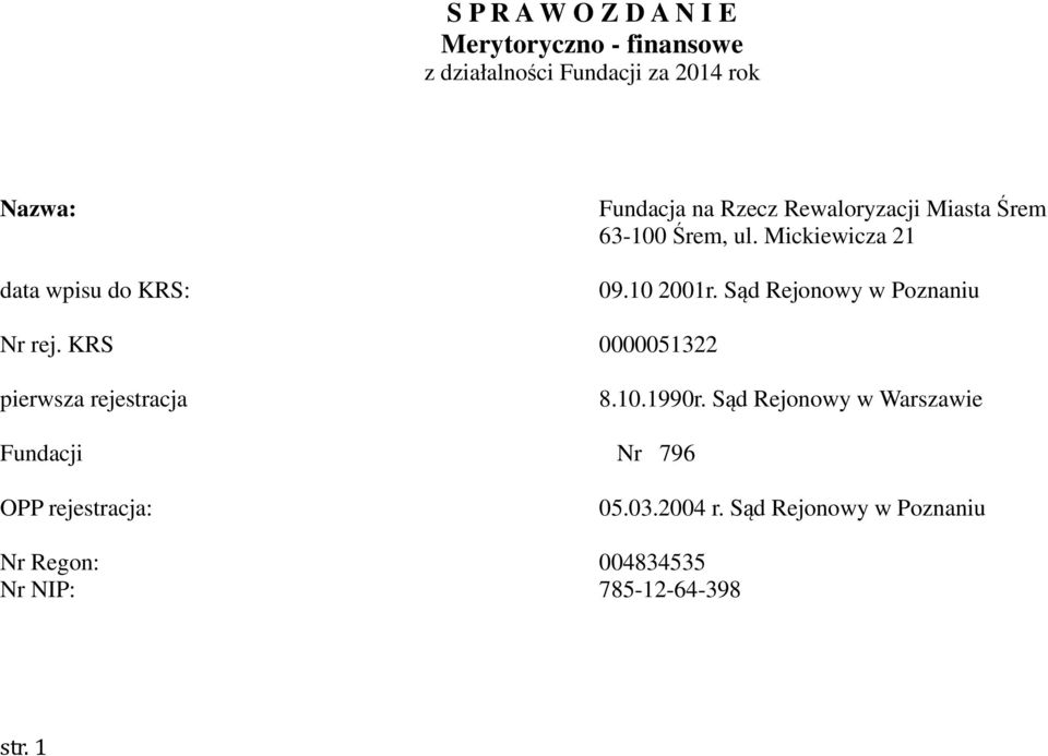Sąd Rejonowy w Poznaniu Nr rej. KRS 0000051322 pierwsza rejestracja 8.10.1990r.