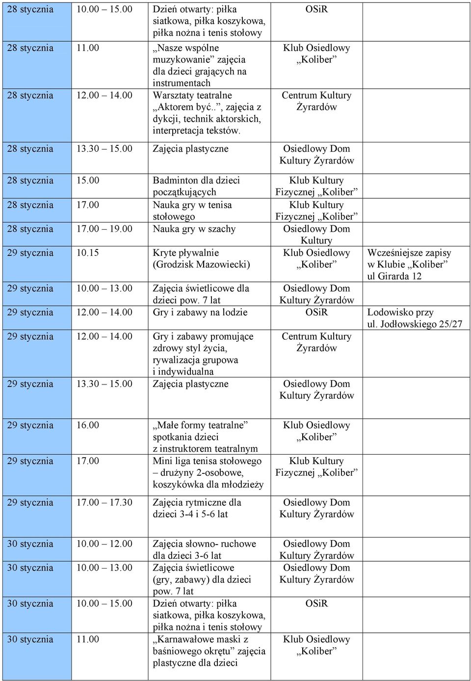 00 Nauka gry w tenisa stołowego Fizycznej 28 stycznia 17.00 19.00 Nauka gry w szachy Kultury 29 stycznia 10.15 Kryte pływalnie (Grodzisk Mazowiecki) w Klubie 29 stycznia 10.00 13.