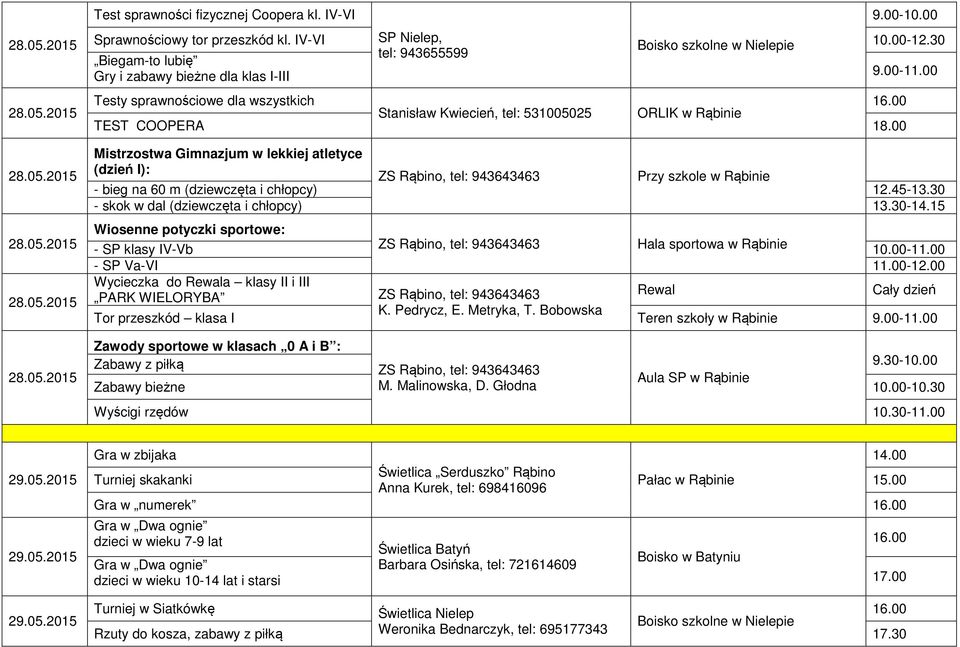 30 - skok w dal (dziewczęta i chłopcy) 13.30-14.15 Wiosenne potyczki sportowe: - SP klasy IV-Vb Hala sportowa w Rąbinie 10.00-11.00 - SP Va-VI 11.00-12.