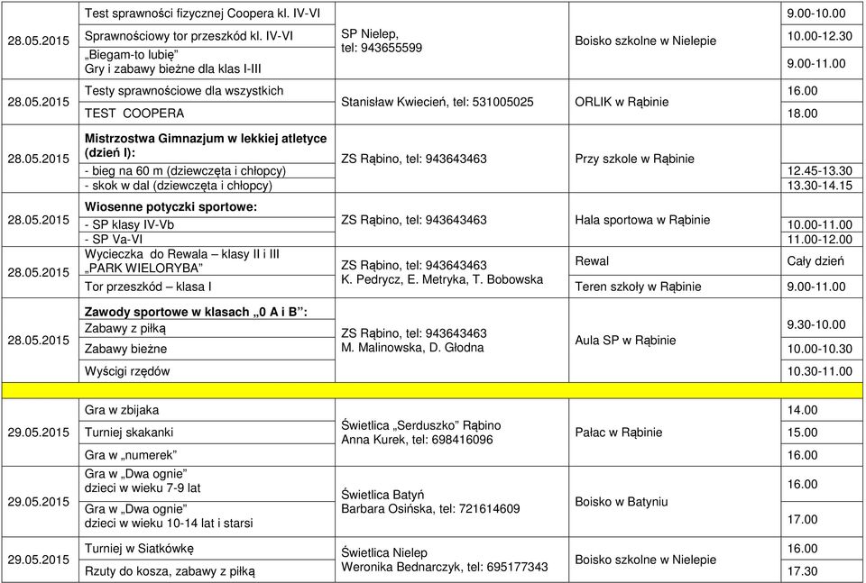 30 - skok w dal (dziewczęta i chłopcy) 13.30-14.15 Wiosenne potyczki sportowe: - SP klasy IV-Vb Hala sportowa w Rąbinie 10.00-11.00 - SP Va-VI 11.00-12.