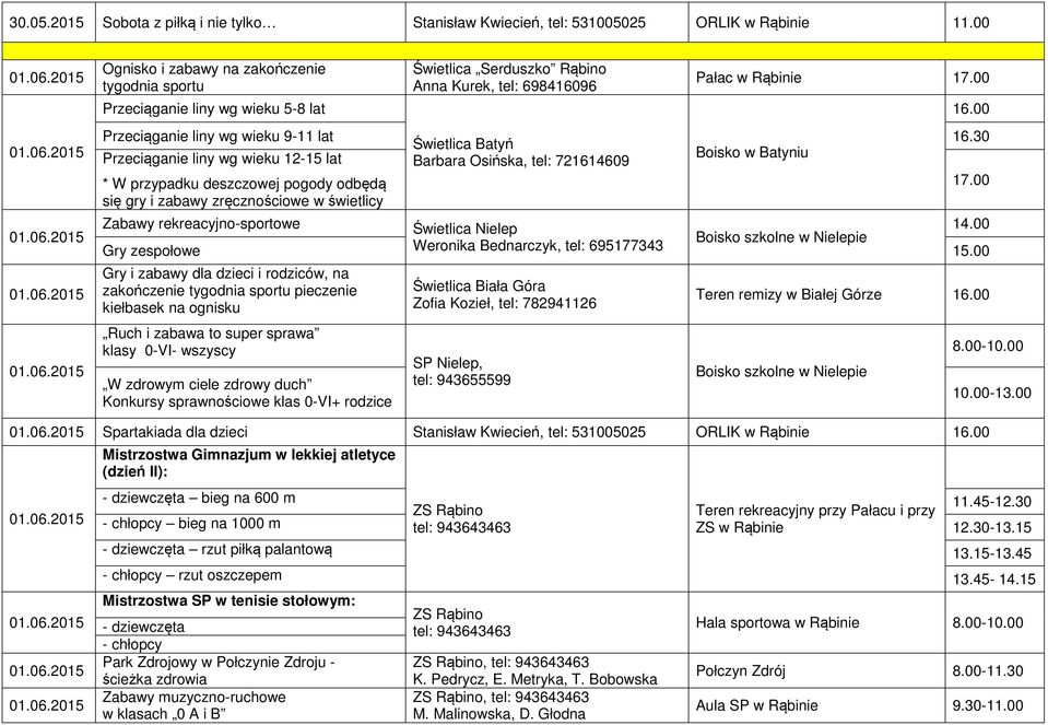 00 Gry zespołowe Weronika Bednarczyk, tel: 695177343 Gry i zabawy dla dzieci i rodziców, na zakończenie tygodnia sportu pieczenie kiełbasek na ognisku Ruch i zabawa to super sprawa klasy 0-VI-