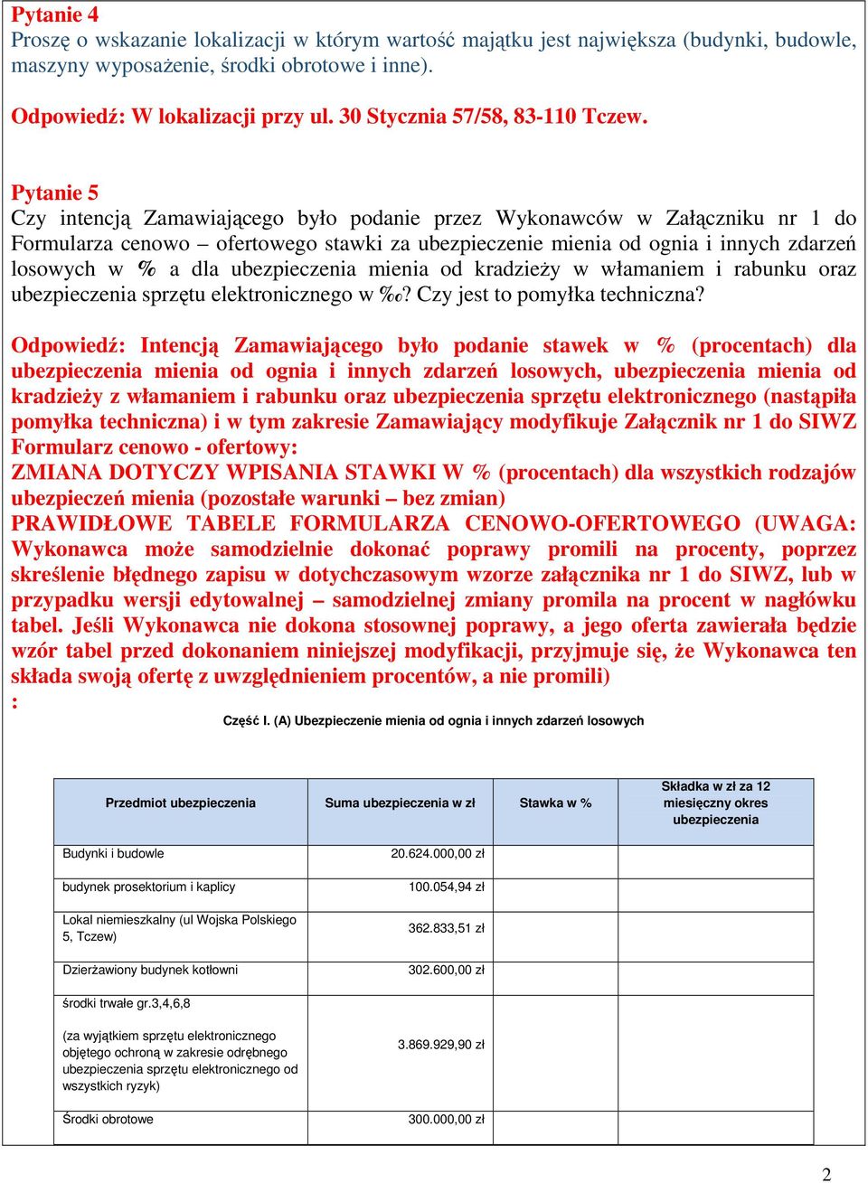 Pytanie 5 Czy intencją Zamawiającego było podanie przez Wykonawców w Załączniku nr 1 do Formularza cenowo ofertowego stawki za ubezpieczenie mienia od ognia i innych zdarzeń losowych w % a dla