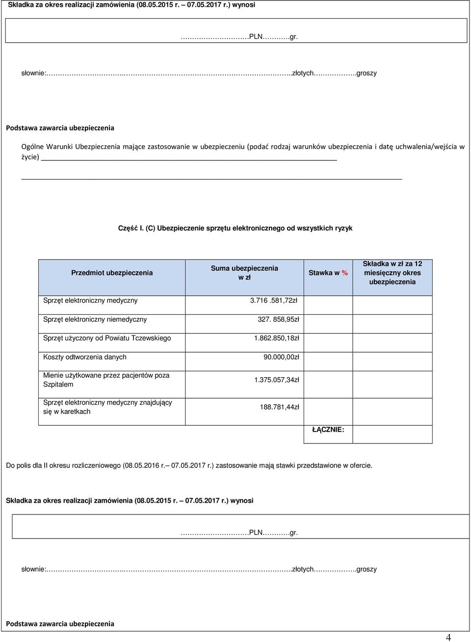(C) Ubezpieczenie sprzętu elektronicznego od wszystkich ryzyk Przedmiot ubezpieczenia Suma ubezpieczenia w zł Stawka w % Składka w zł za 12 miesięczny okres ubezpieczenia Sprzęt elektroniczny