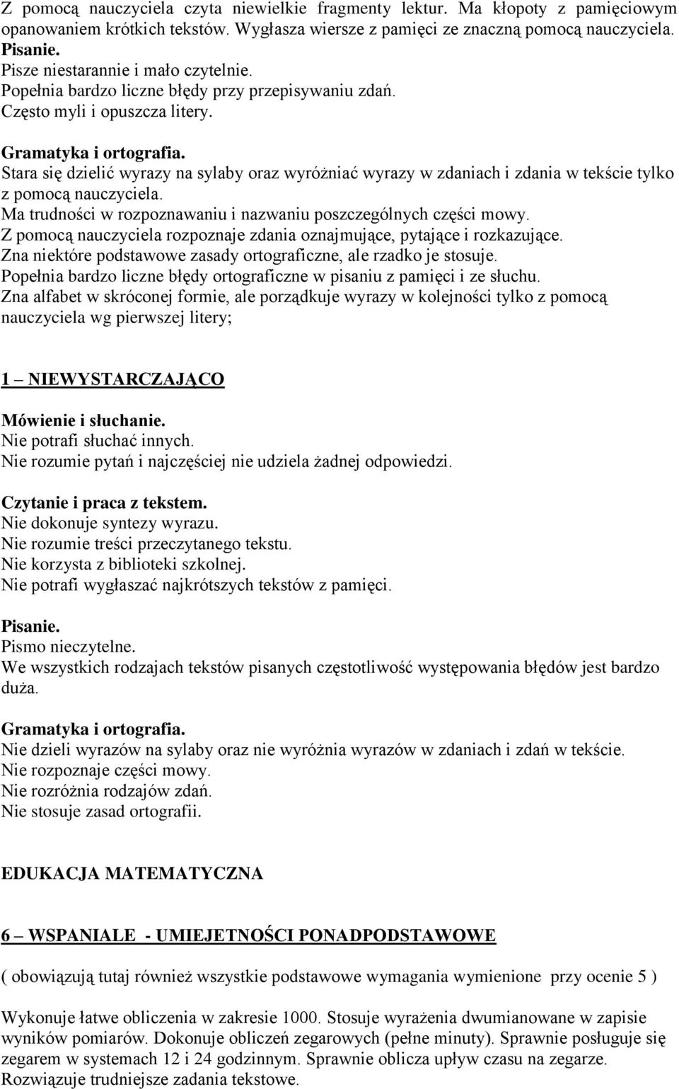 Stara się dzielić wyrazy na sylaby oraz wyróżniać wyrazy w zdaniach i zdania w tekście tylko z pomocą nauczyciela. Ma trudności w rozpoznawaniu i nazwaniu poszczególnych części mowy.