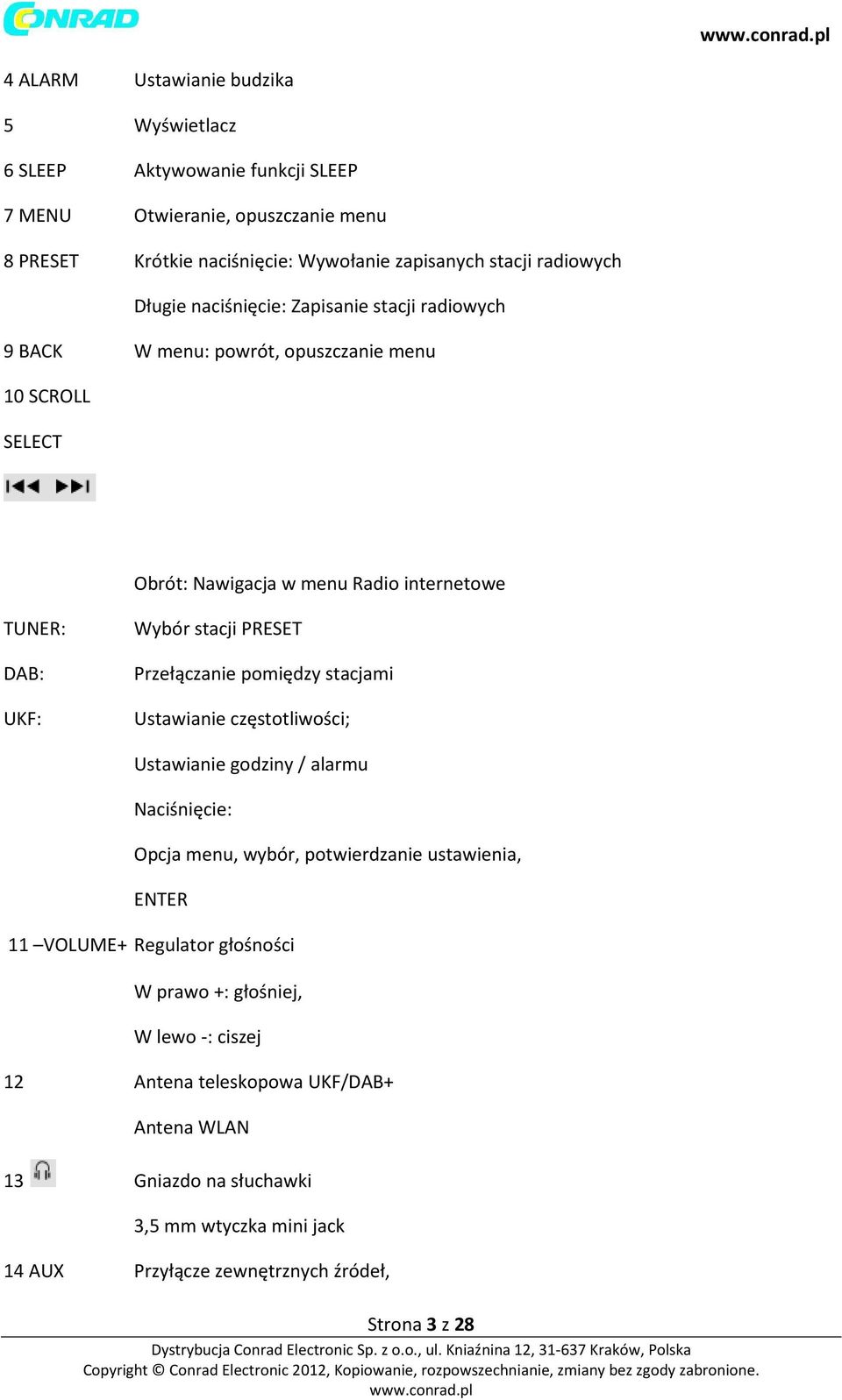 PRESET Przełączanie pomiędzy stacjami Ustawianie częstotliwości; Ustawianie godziny / alarmu Naciśnięcie: Opcja menu, wybór, potwierdzanie ustawienia, ENTER 11 VOLUME+ Regulator