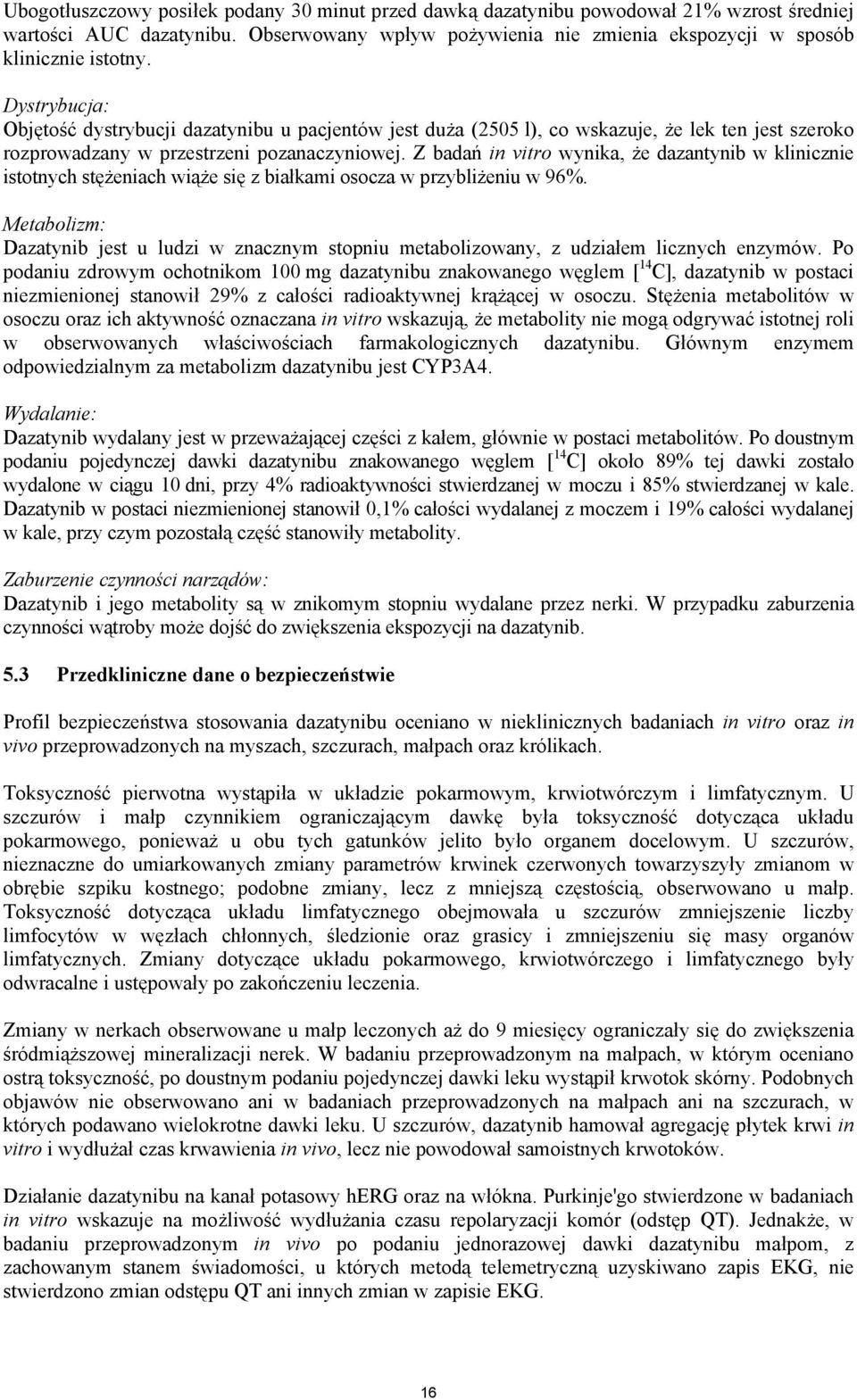 Z badań in vitro wynika, że dazantynib w klinicznie istotnych stężeniach wiąże się z białkami osocza w przybliżeniu w 96%.