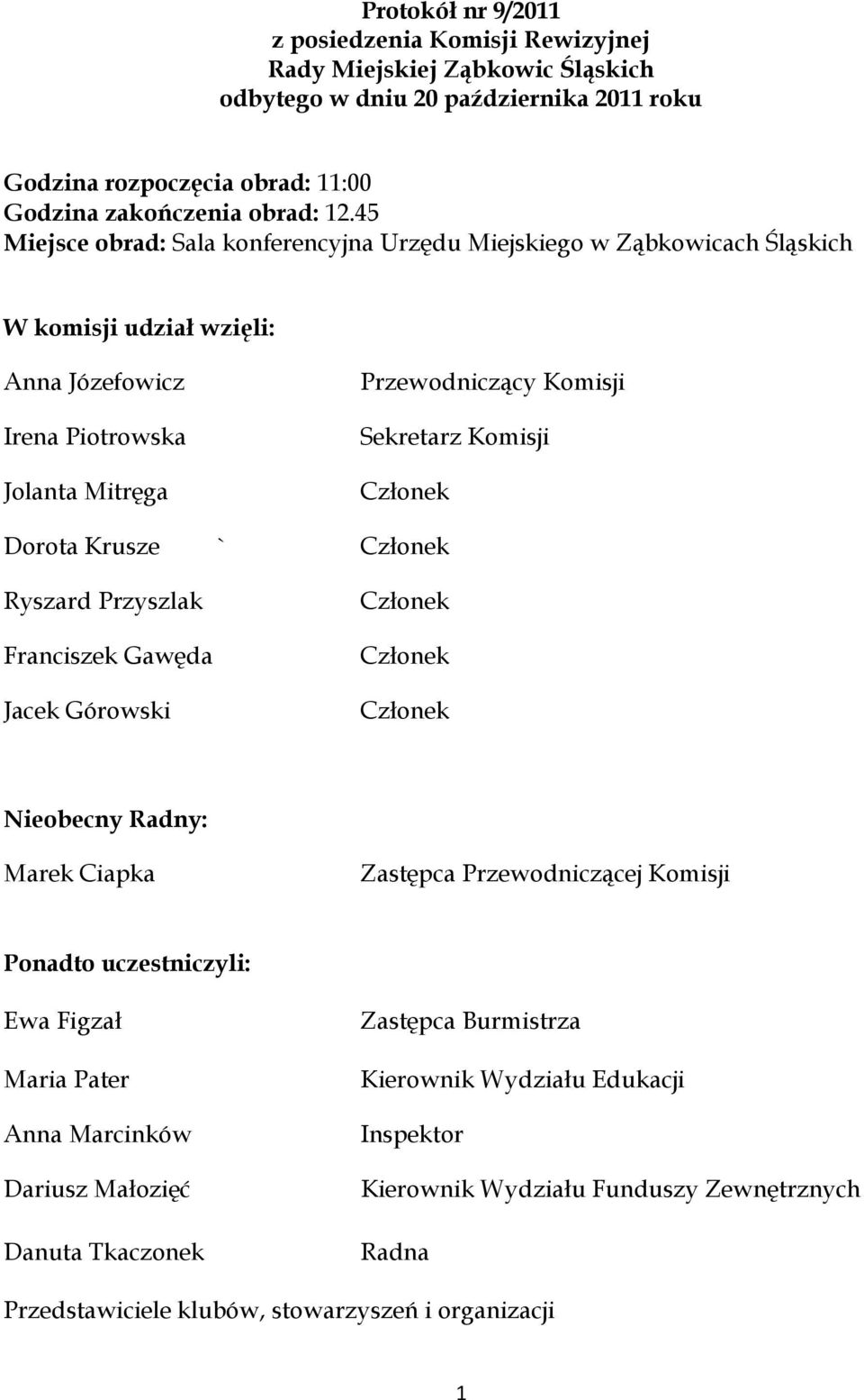 Komisji Dorota Krusze ` Ryszard Przyszlak Franciszek Gawęda Jacek Górowski Nieobecny Radny: Marek Ciapka Zastępca Przewodniczącej Komisji Ponadto uczestniczyli: Ewa Figzał Maria Pater Anna