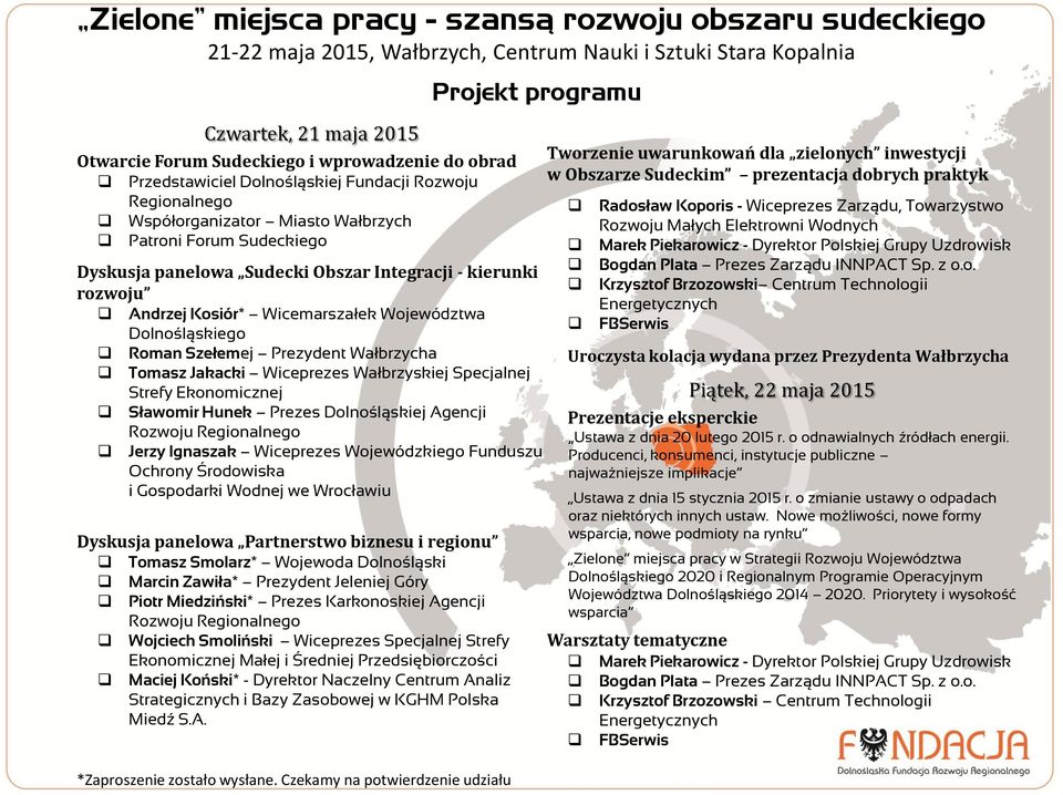 Andrzej Kosiór* Wicemarszałek Województwa Dolnośląskiego Roman Szełemej Prezydent Wałbrzycha Tomasz Jakacki Wiceprezes Wałbrzyskiej Specjalnej Strefy Ekonomicznej Sławomir Hunek Prezes Dolnośląskiej