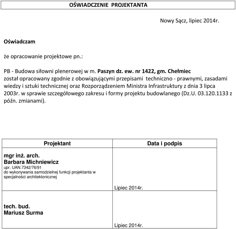 Infrastruktury z dnia 3 lipca 2003r. w sprawie szczegółowego zakresu i formy projektu budowlanego (Dz.U. 03.120.1133 z późn. zmianami).