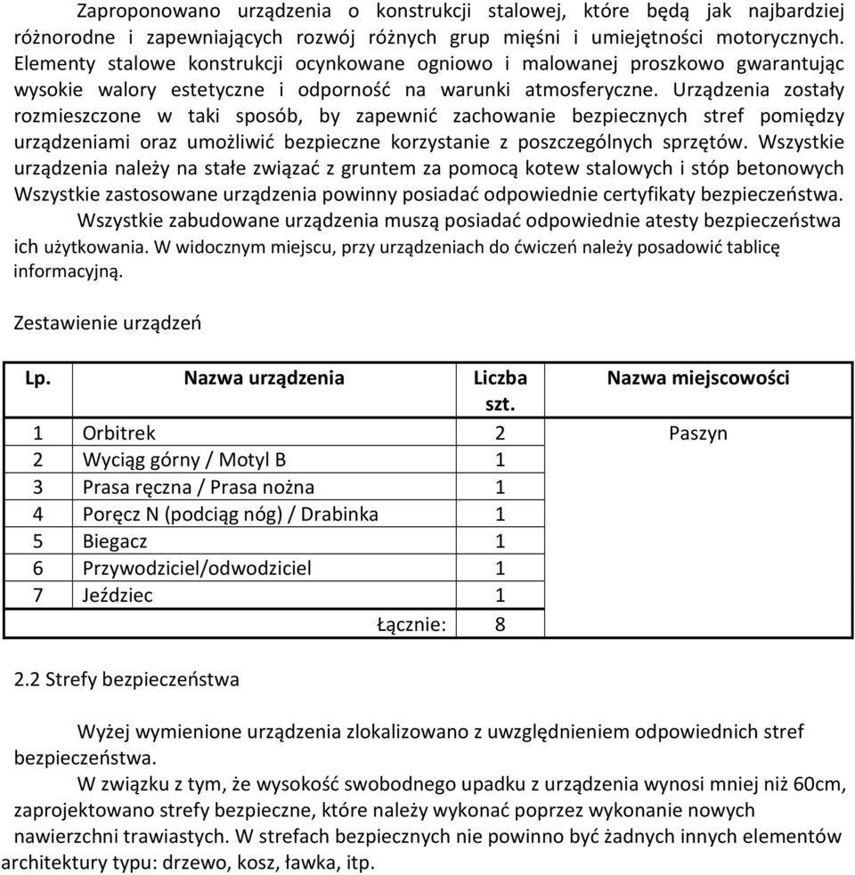 Urządzenia zostały rozmieszczone w taki sposób, by zapewnić zachowanie bezpiecznych stref pomiędzy urządzeniami oraz umożliwić bezpieczne korzystanie z poszczególnych sprzętów.