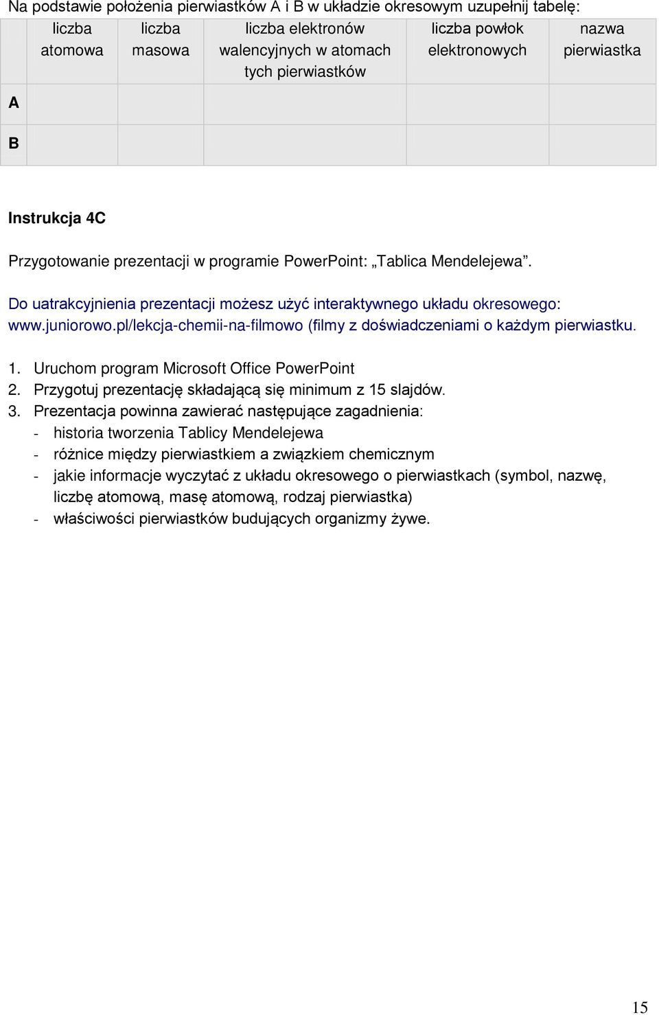 pl/lekcja-chemii-na-filmowo (filmy z doświadczeniami o każdym pierwiastku. 1. Uruchom program Microsoft Office PowerPoint 2. Przygotuj prezentację składającą się minimum z 15 slajdów. 3.
