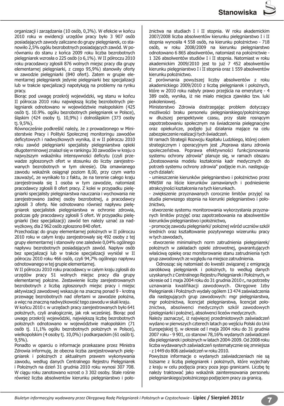 W porównaniu do stanu z końca 2009 roku liczba bezrobotnych pielęgniarek wzrosła o 225 osób (o 6,1%).