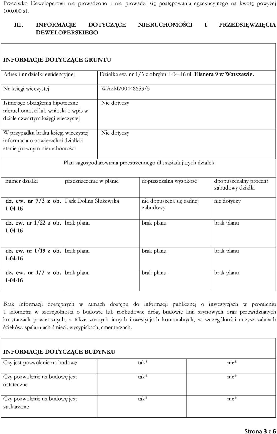 lub wnioski o wpis w dziale czwartym księgi wieczystej W przypadku braku księgi wieczystej informacja o powierzchni działki i stanie prawnym nieruchomości Działka ew. nr 1/3 z obrębu ul.