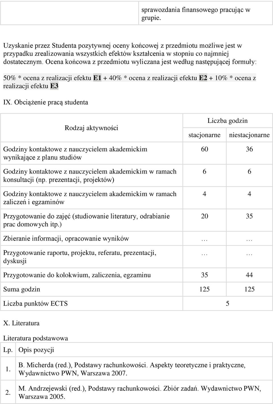 Ocena końcowa z przedmiotu wyliczana jest według następującej formuły: 50% * ocena z realizacji efektu E1 + 40% * ocena z realizacji efektu E2 + 10% * ocena z realizacji efektu E3 IX.