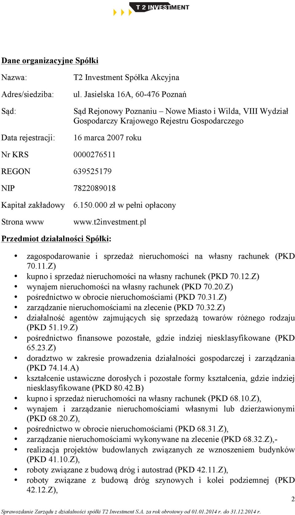 Kapitał zakładowy 6.150.000 zł w pełni opłacony Strona www www.t2investment.pl Przedmiot działalności Spółki: zagospodarowanie i sprzedaż nieruchomości na własny rachunek (PKD 70.11.