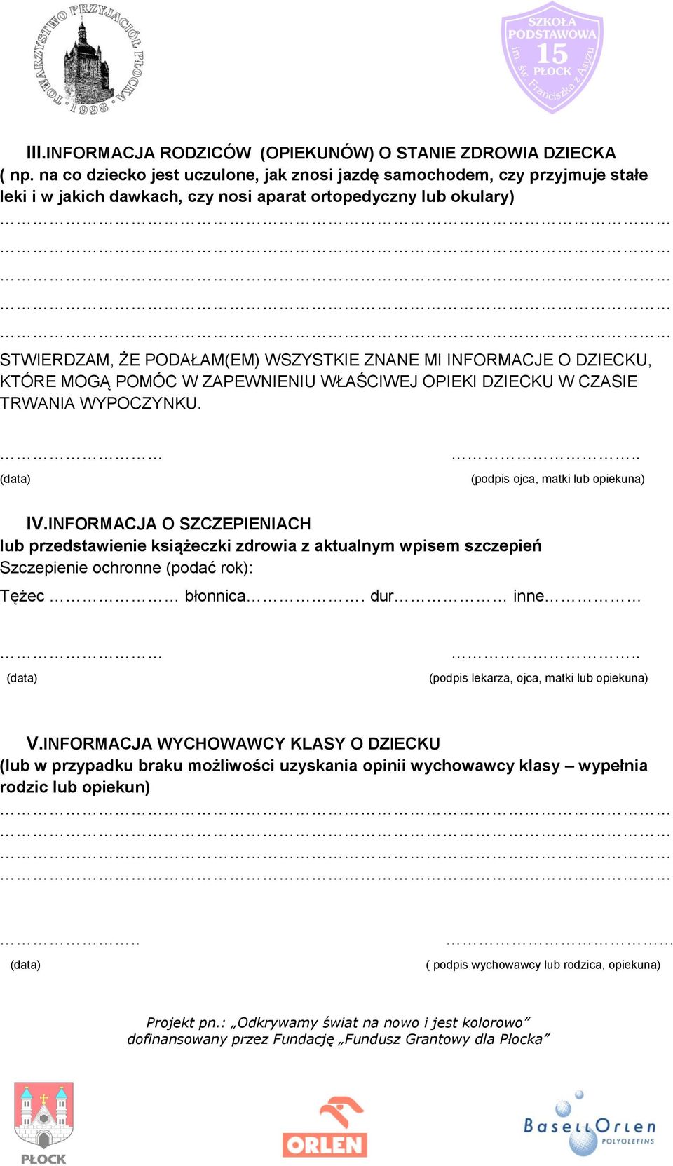 INFORMACJE O DZIECKU, KTÓRE MOGĄ POMÓC W ZAPEWNIENIU WŁAŚCIWEJ OPIEKI DZIECKU W CZASIE TRWANIA WYPOCZYNKU... (podpis ojca, matki lub opiekuna) IV.