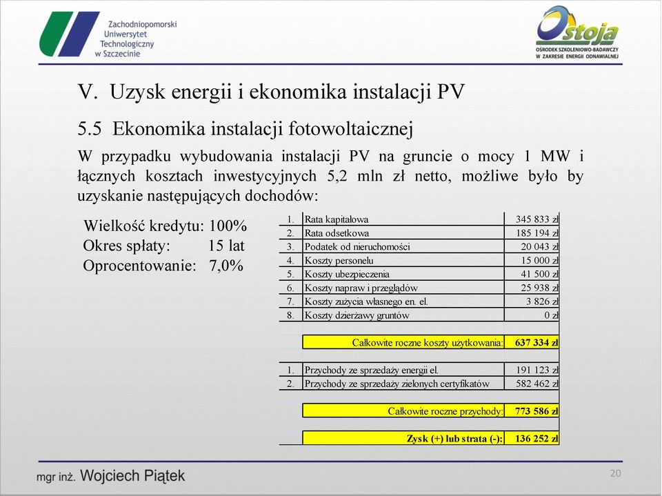 Koszty personelu 15 000 zł 5. Koszty ubezpieczenia 41 500 zł 6. Koszty napraw i przeglądów 25 938 zł 7. Koszty zużycia własnego en. el. 3 826 zł 8.