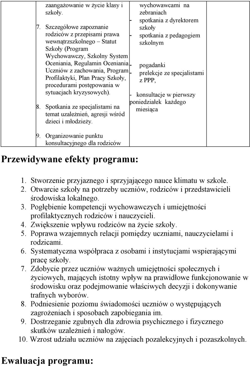 Pracy Szkoły, procedurami postępowania w sytuacjach kryzysowych). 8. Spotkania ze specjalistami na temat uzależnień, agresji wśród dzieci i młodzieży. 9.