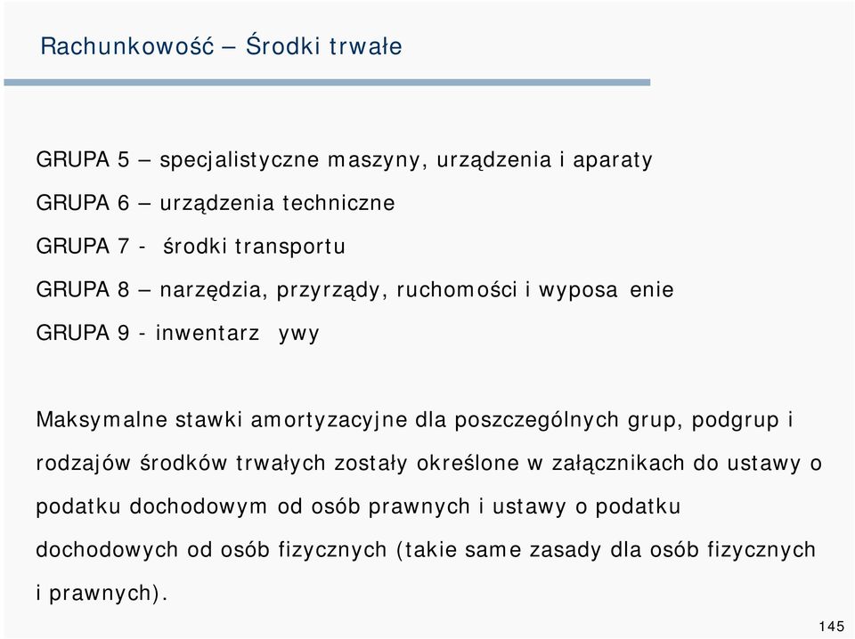 poszczególnych grup, podgrup i rodzajów środków trwałych zostały określone w załącznikach do ustawy o podatku