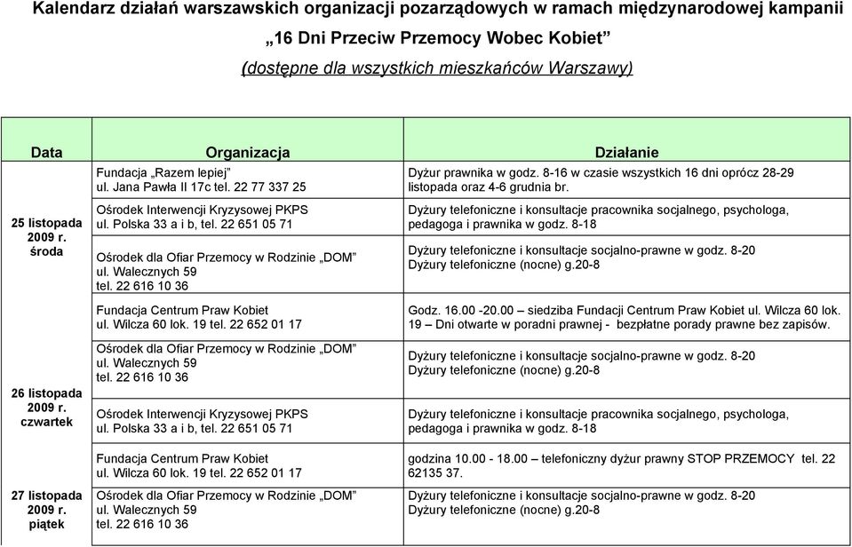 8-16 w czasie wszystkich 16 dni oprócz 28-29 listopada oraz 4-6 grudnia br. 26 listopada 27 listopada piątek Godz. 16.00-20.