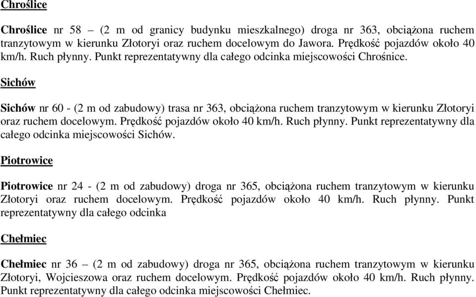 Sichów Sichów nr 60 - (2 m od zabudowy) trasa nr 363, obciążona ruchem tranzytowym w kierunku Złotoryi oraz ruchem docelowym. Prędkość pojazdów około 40 km/h. Ruch płynny.