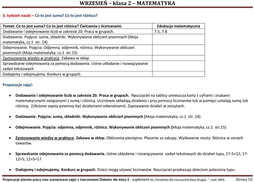 Wykonywanie obliczeń pisemnych (Moja matematyka, cz.1 str.15) Zastosowanie wiedzy w praktyce. Zabawa w sklep. Sprawdzanie odejmowania za pomocą dodawania.