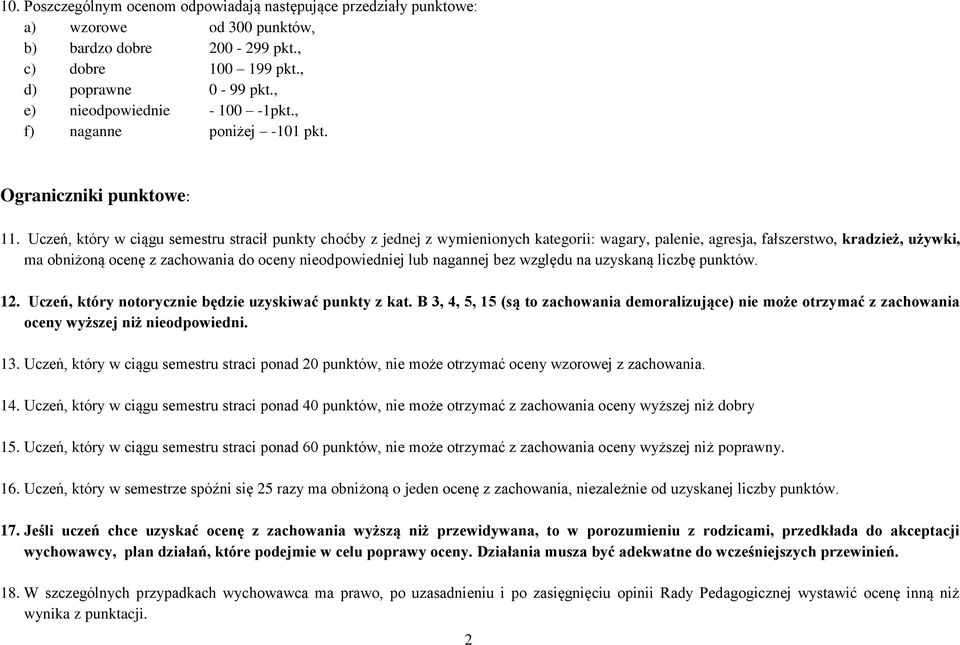 Uczeń, który w ciągu semestru stracił punkty choćby z jednej z wymienionych kategorii: wagary, palenie, agresja, fałszerstwo, kradzież, używki, ma obniżoną ocenę z zachowania do oceny nieodpowiedniej