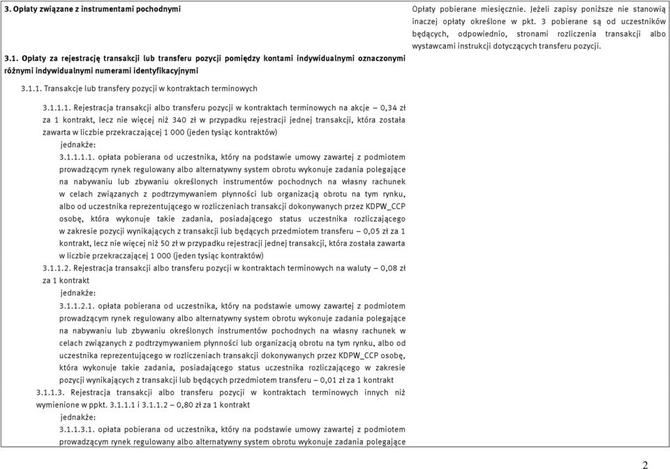 Opłaty za rejestrację transakcji lub transferu pozycji pomiędzy kontami indywidualnymi oznaczonymi różnymi indywidualnymi numerami identyfikacyjnymi 3.1.