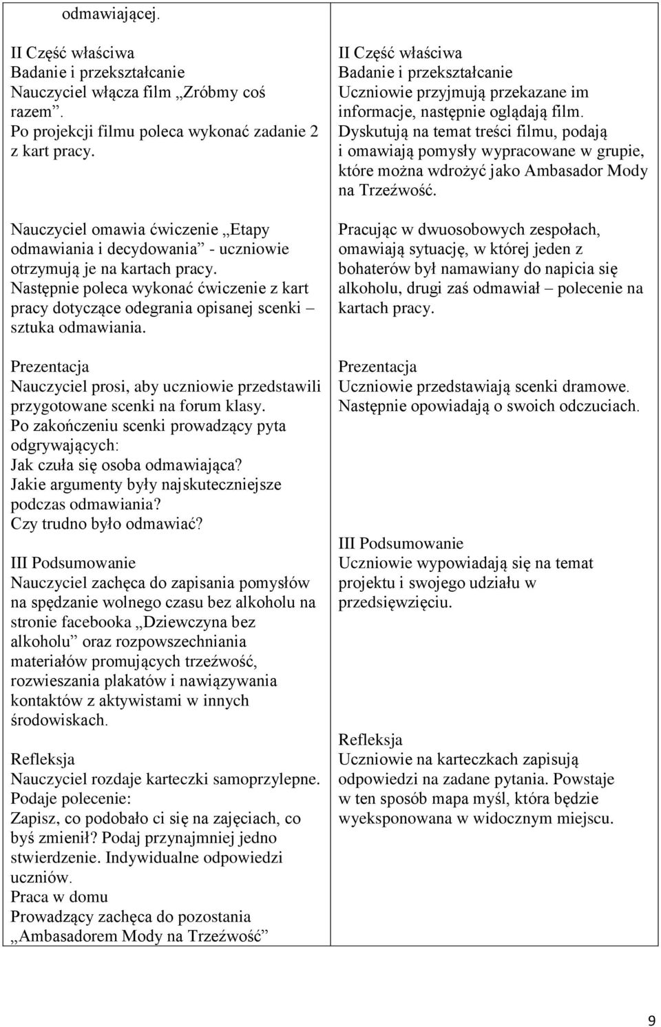 Następnie poleca wykonać ćwiczenie z kart pracy dotyczące odegrania opisanej scenki sztuka odmawiania. Nauczyciel prosi, aby uczniowie przedstawili przygotowane scenki na forum klasy.