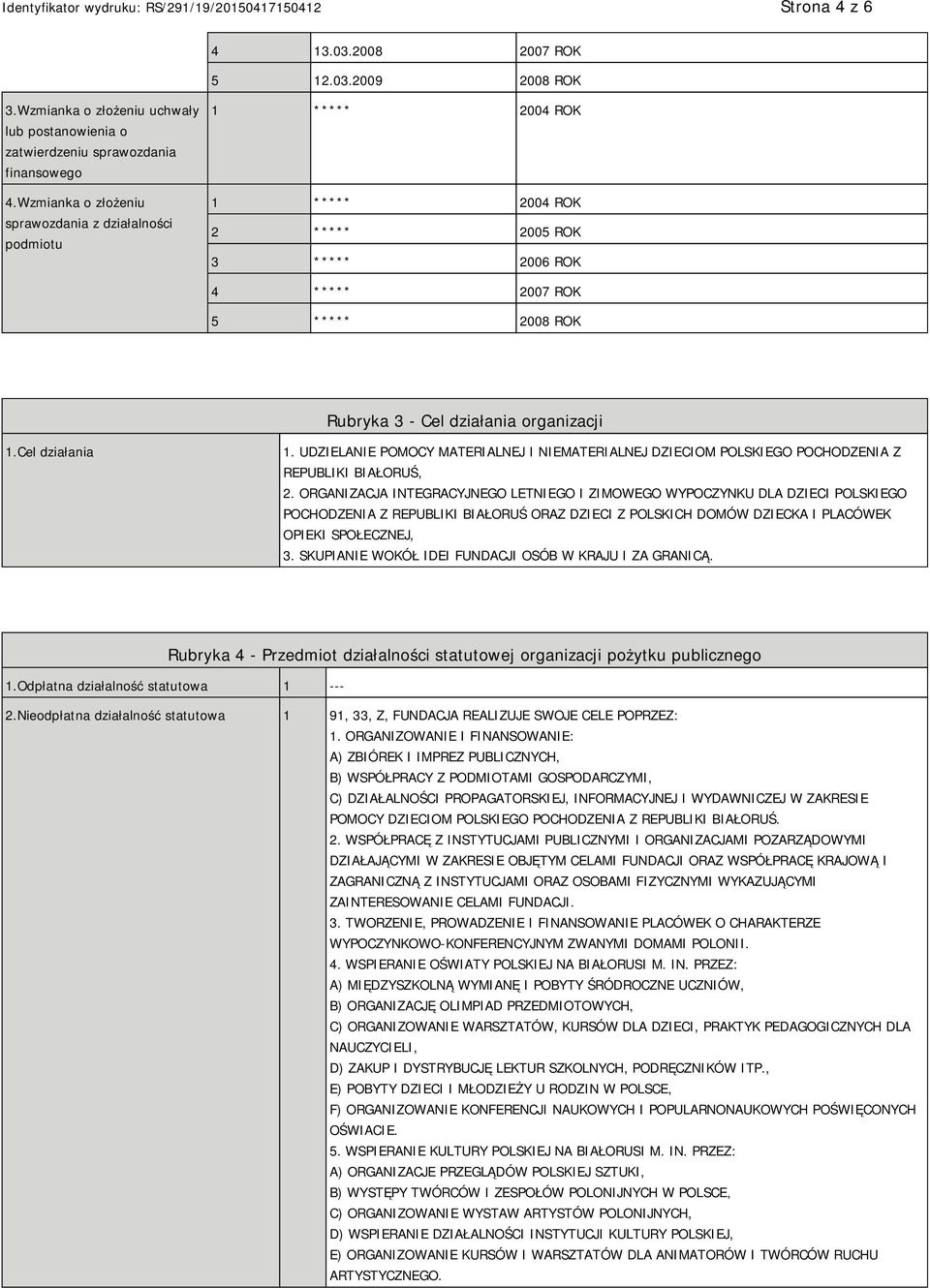 Cel działania 1. UDZIELANIE POMOCY MATERIALNEJ I NIEMATERIALNEJ DZIECIOM POLSKIEGO POCHODZENIA Z REPUBLIKI BIAŁORUŚ, 2.